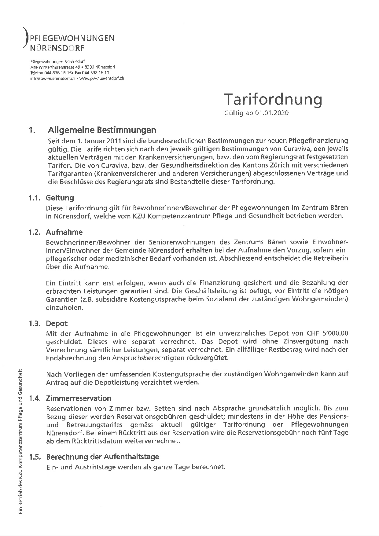 Tarifordnung Pflegewohnungen Nürensdorf