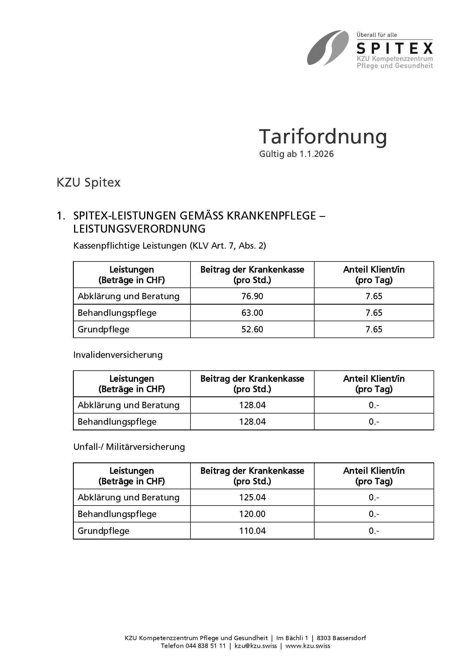 Tarifordnung KZU-Spitex 2026